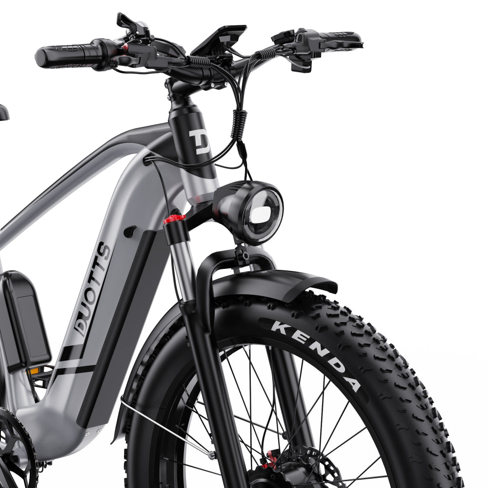 Close-up of a bicycle with 'DUOTTS' branding on a white background