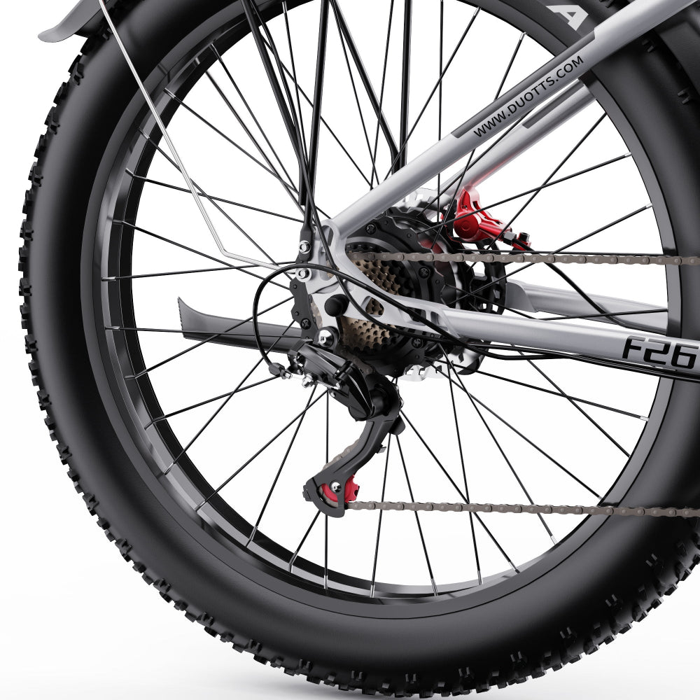 Close-up of a bicycle wheel and frame on a white background