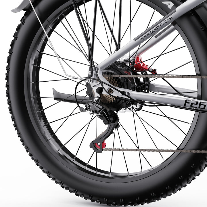 Close-up of a bicycle wheel and frame on a white background
