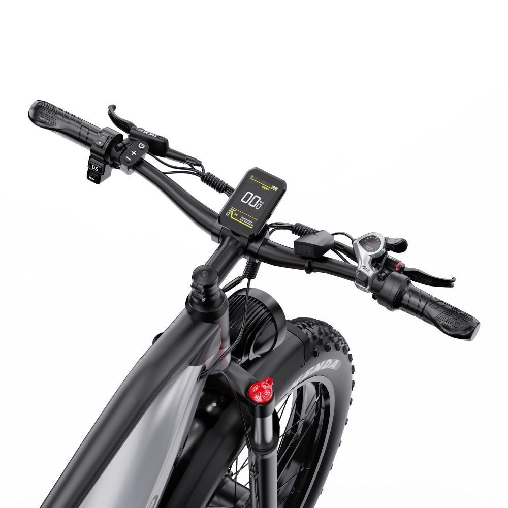 Close-up of an electric bike handlebar with control panel on a white background
