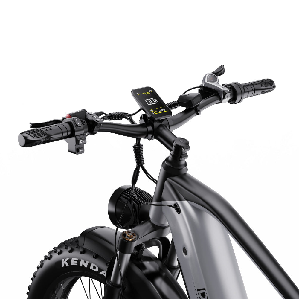 Close-up of an electric bike handlebar with a display and controls on a white background