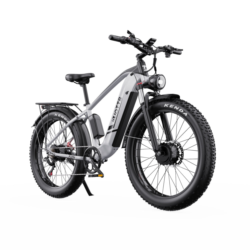 Electric bike with a white frame and black tires on a white background