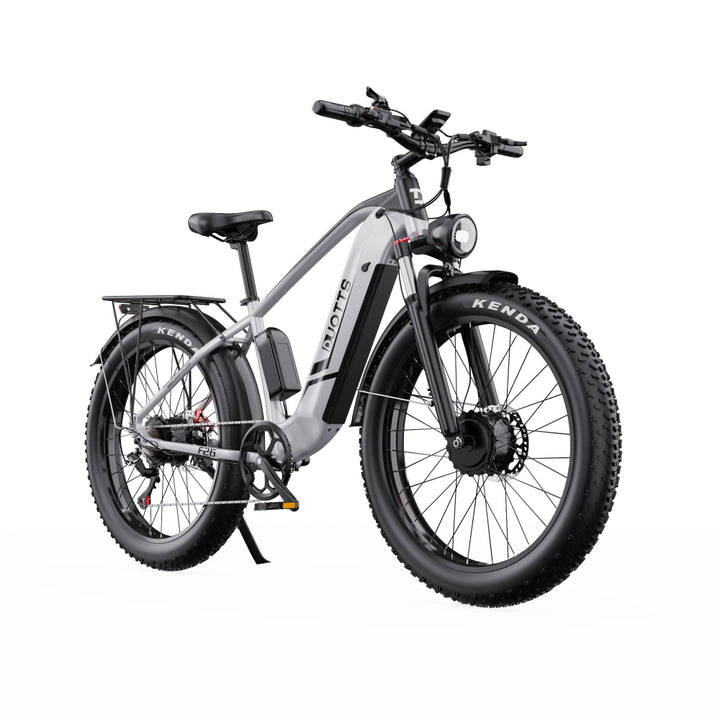 Electric bike with a white frame and black tires on a white background
