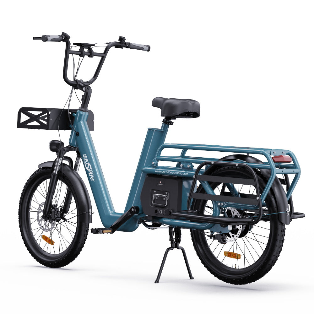 "Bright blue DUO OT01 electric bike with aluminum alloy body, front lighting, and power-assisted mode"