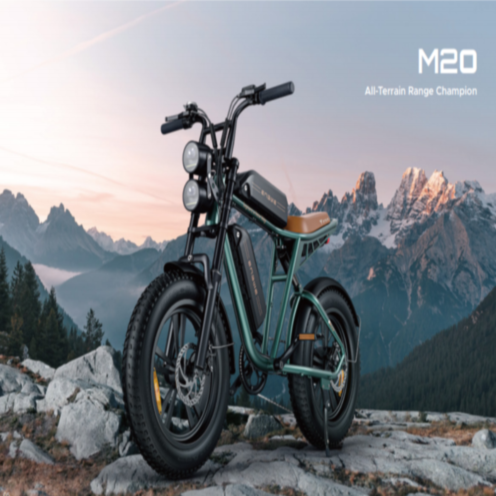 Electric bike on a mountainous landscape with 'M20' branding.