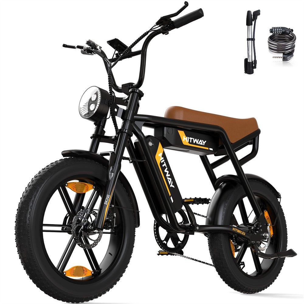 Black electric bike with brown seat and Hitway branding, including a pump and tube on a white background.