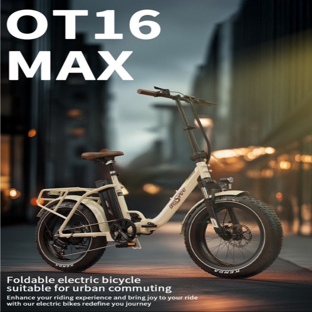 Opvouwbare elektrische fiets met 'OT16 MAX'-logo op een straat in de stad