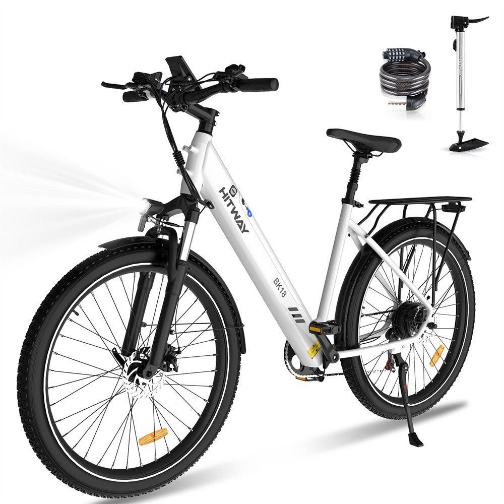 White electric bike with black accents and accessories on a white background