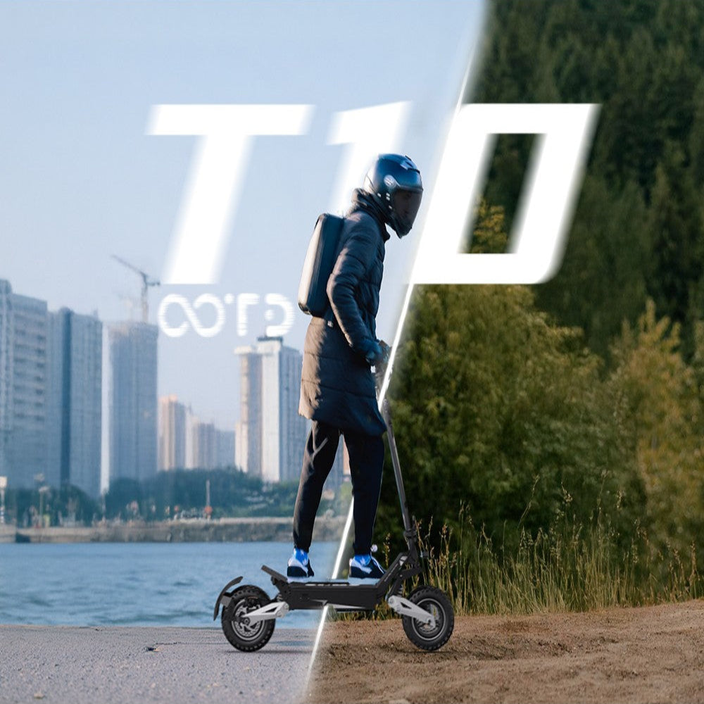 Person riding an electric scooter with a cityscape and nature background.