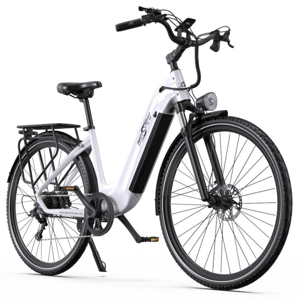 White electric bicycle with black components on a white background