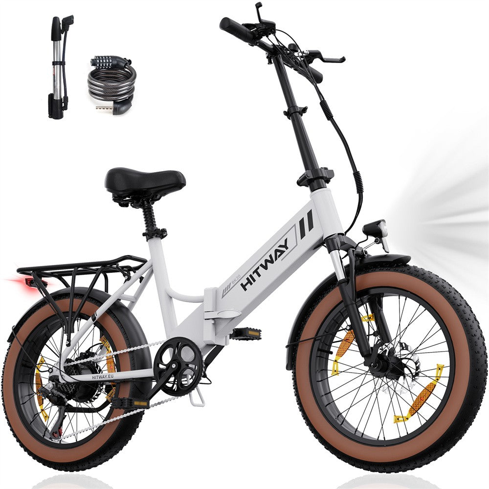 White electric bike with brown tires and accessories on a white background