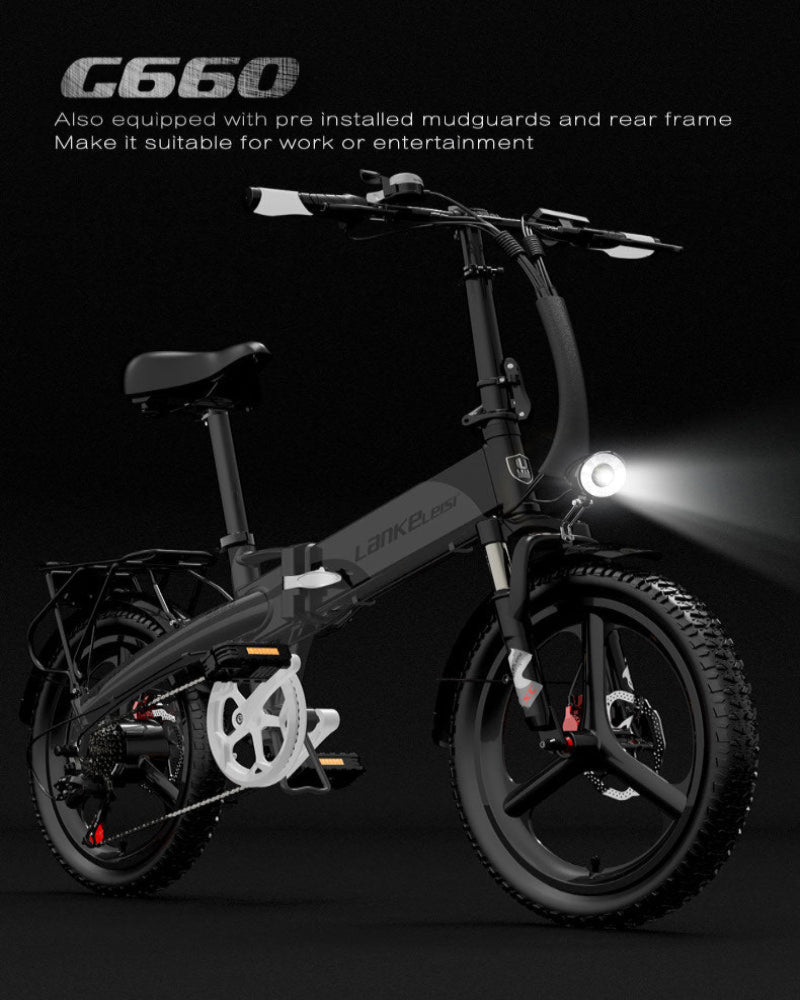 Electric bike model G660 with pre-installed mudguards on a dark background