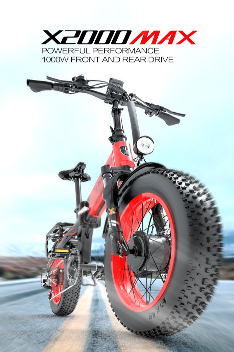 Red electric bike with large wheels on a road with a blurred background