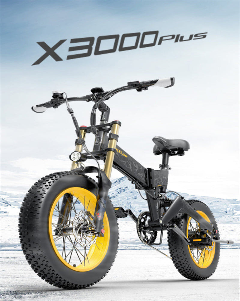 Electric bike with large yellow wheels on a snowy background, featuring the brand 'X3000 Plus'.