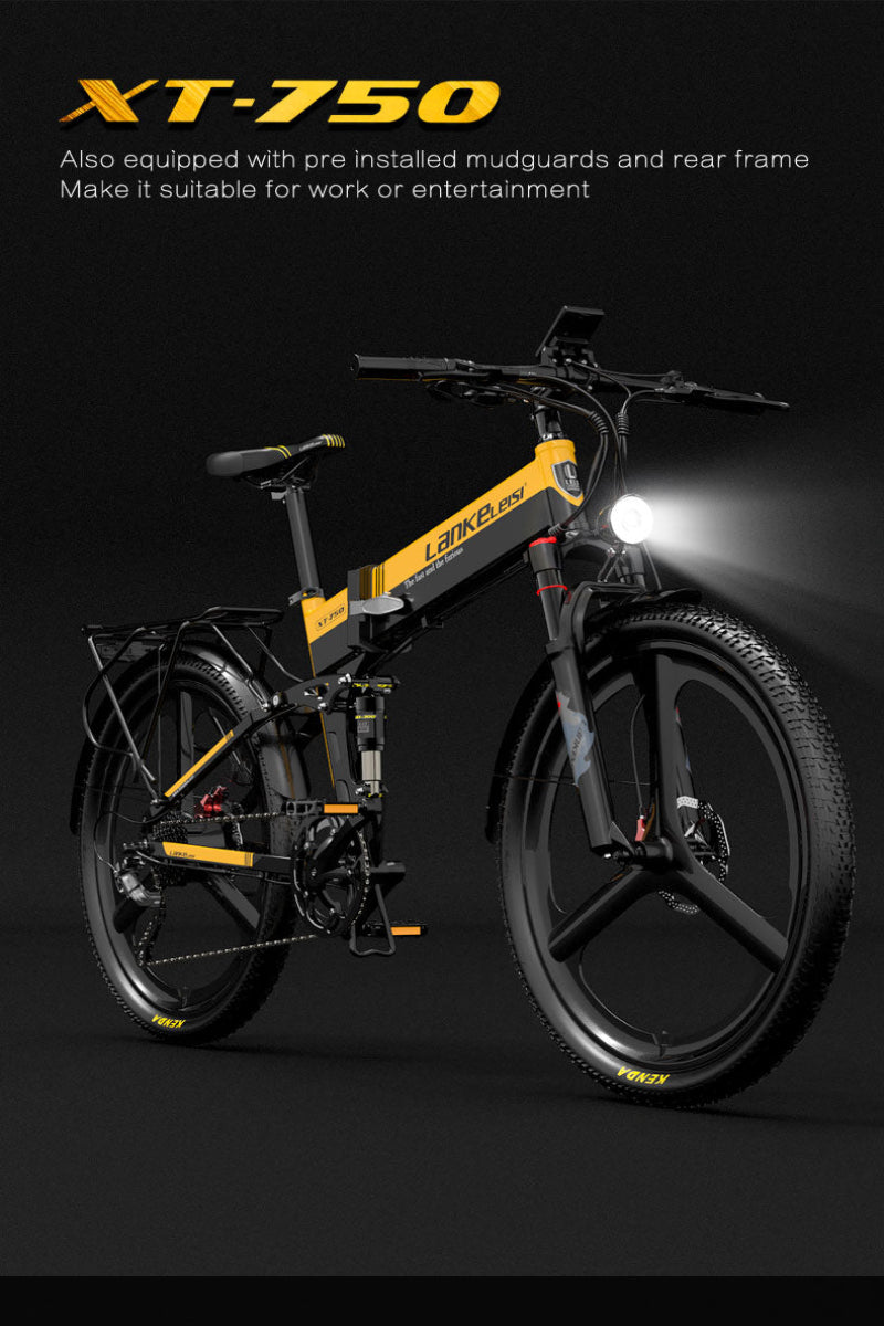 Yellow and black electric bike with 'Lekke' branding on a dark background