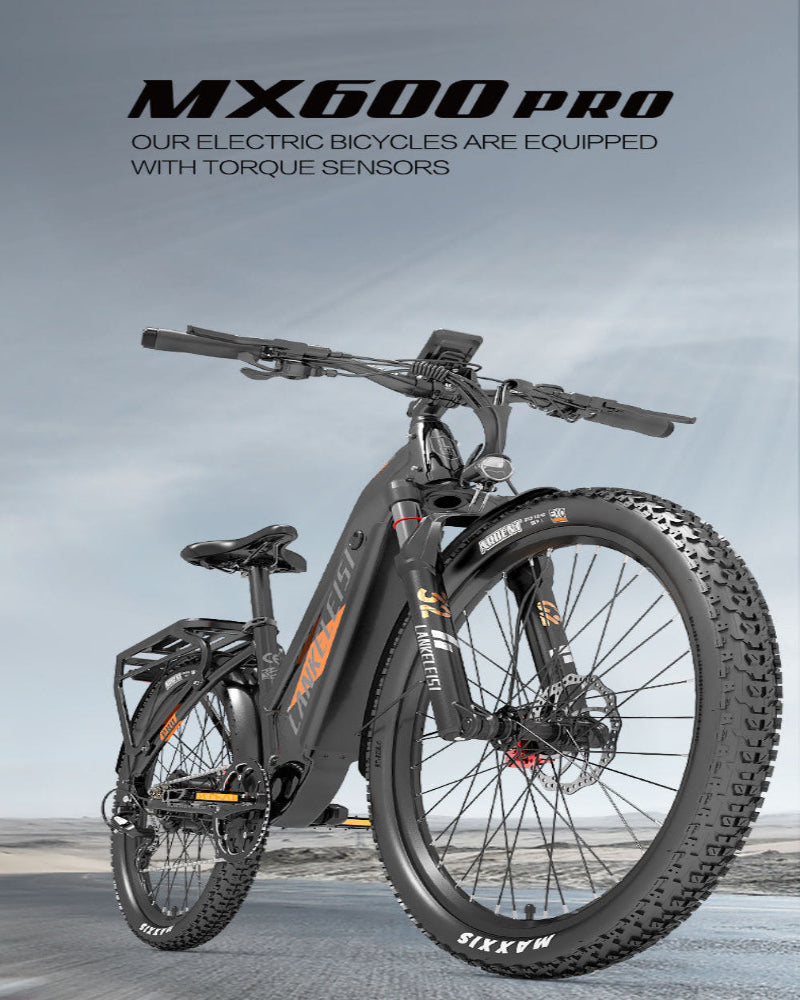 Electric bicycle with 'MX600 Pro' branding on a gray background