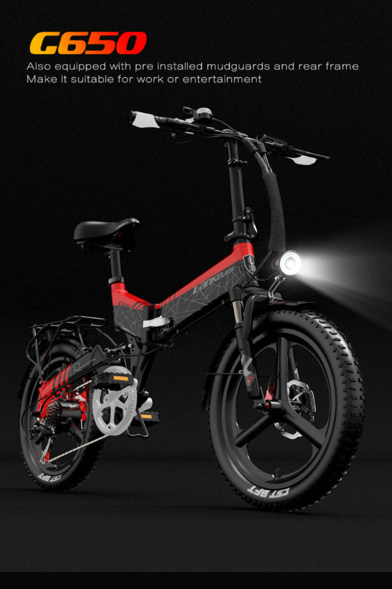 Electric bicycle with 'G650' branding on a dark background