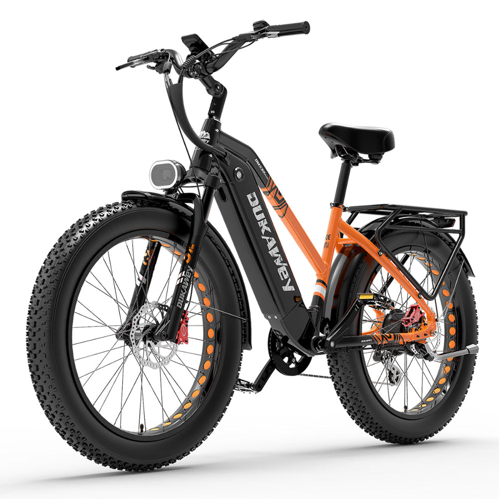 Oranje en zwarte elektrische fiets met 'DUKAWAY'-logo op een witte achtergrond