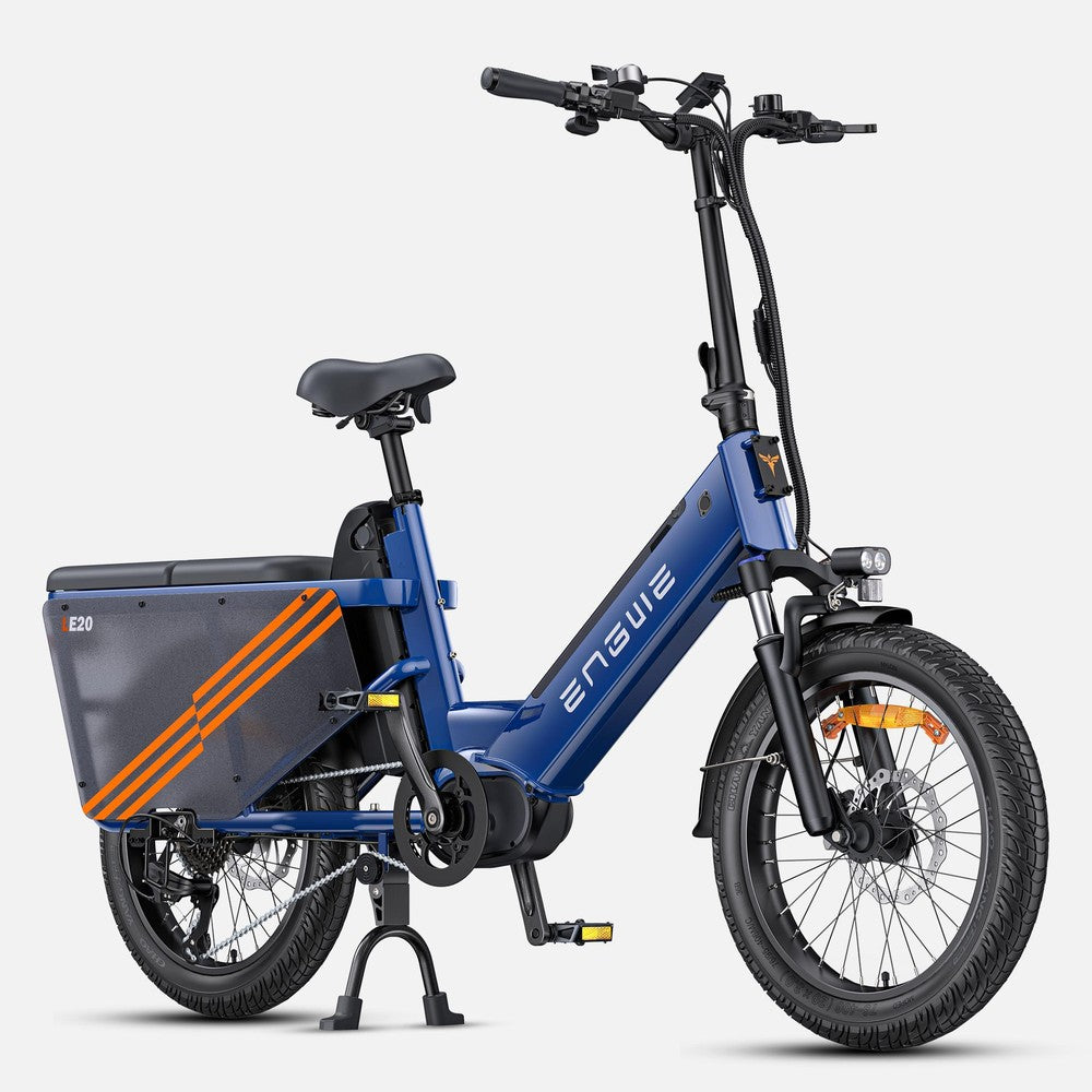 Blue electric bike with a gray cargo box on a white background