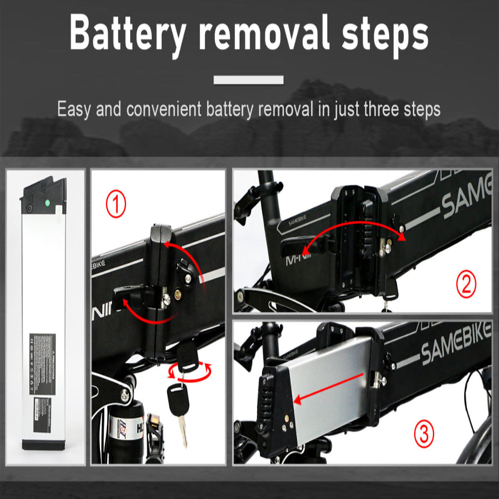 "Foldable SAM LO26-II YD Mountain E-Bike with 900W motor and 48V 14AH battery, featuring a thumb throttle and hydraulic disc brakes."