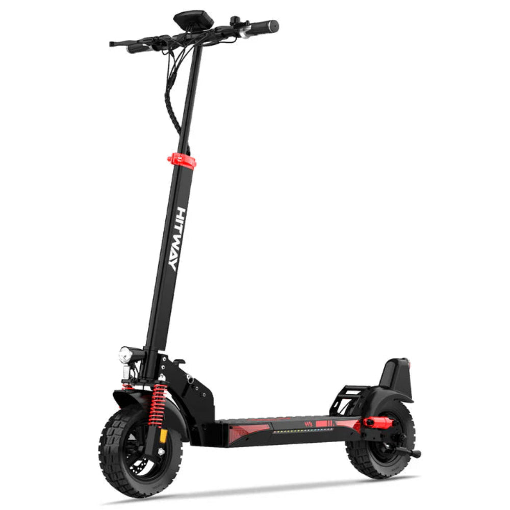 Black electric scooter with red accents on a white background