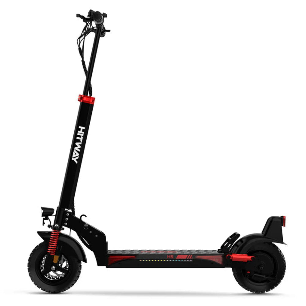 Black electric scooter with red accents on a white background