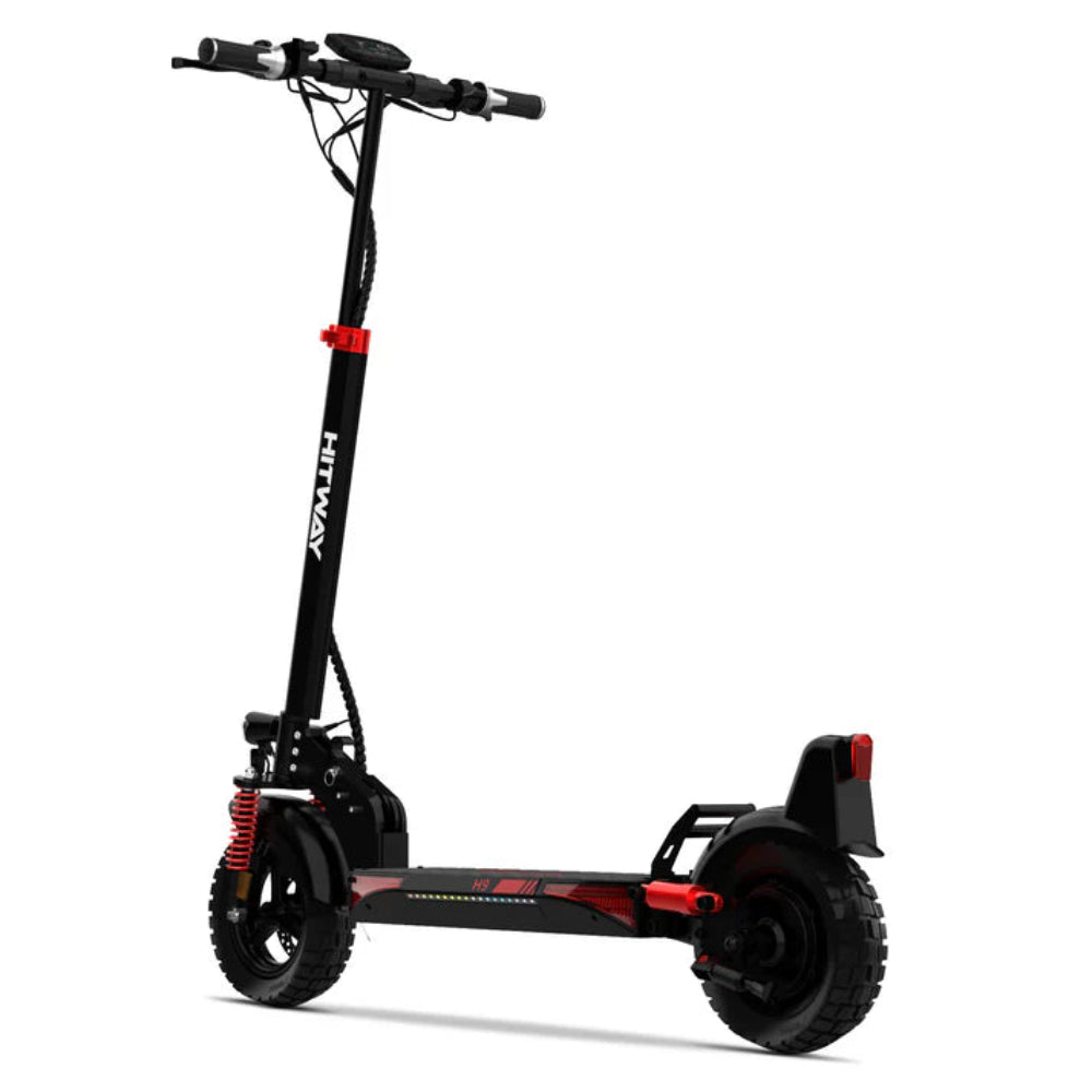 Black electric scooter with red accents on a white background