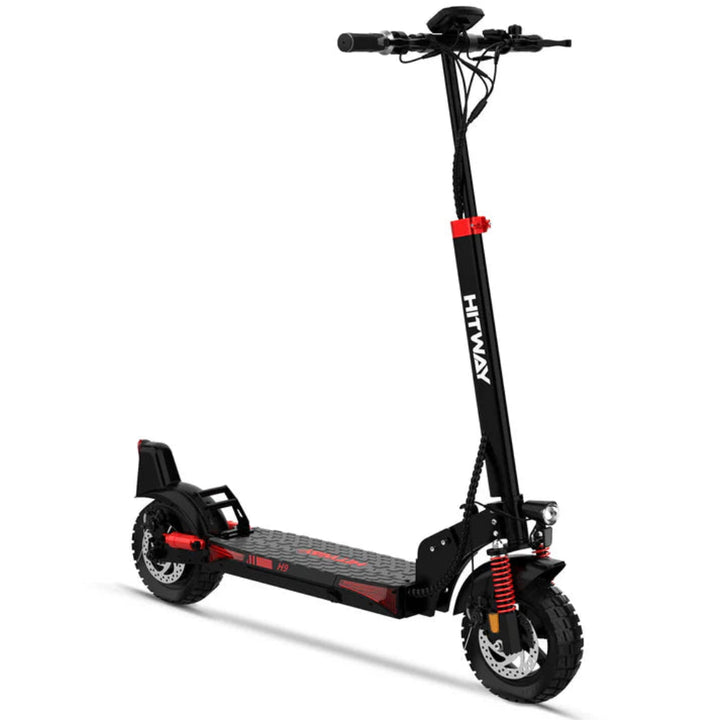 Black electric scooter with red accents on a white background