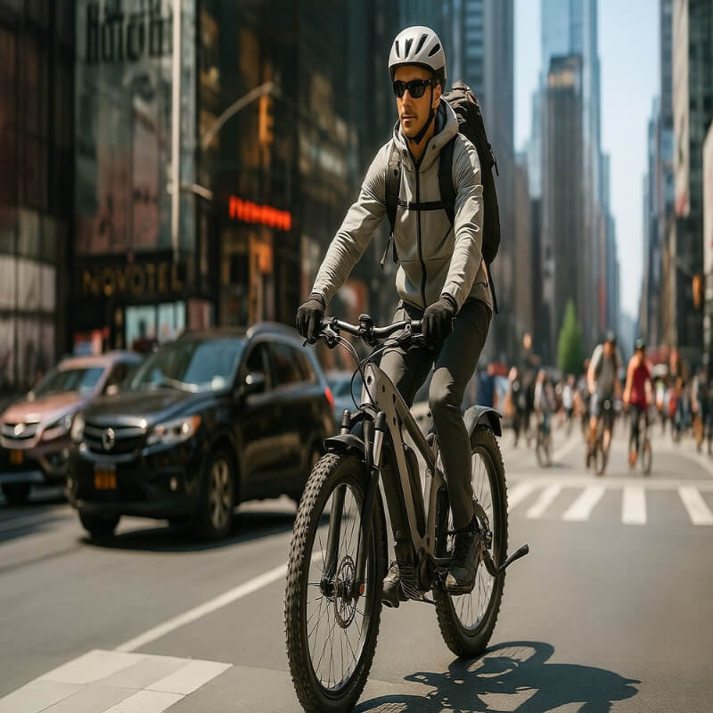 Man rijdt op een fiets in een stadsstraat met hoge gebouwen en voetgangers op de achtergrond.