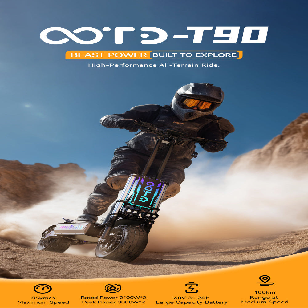 Person riding a high-performance all-terrain vehicle with brand logo and text on a desert background