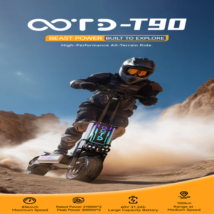 Person riding a high-performance all-terrain vehicle with brand logo and text on a desert background