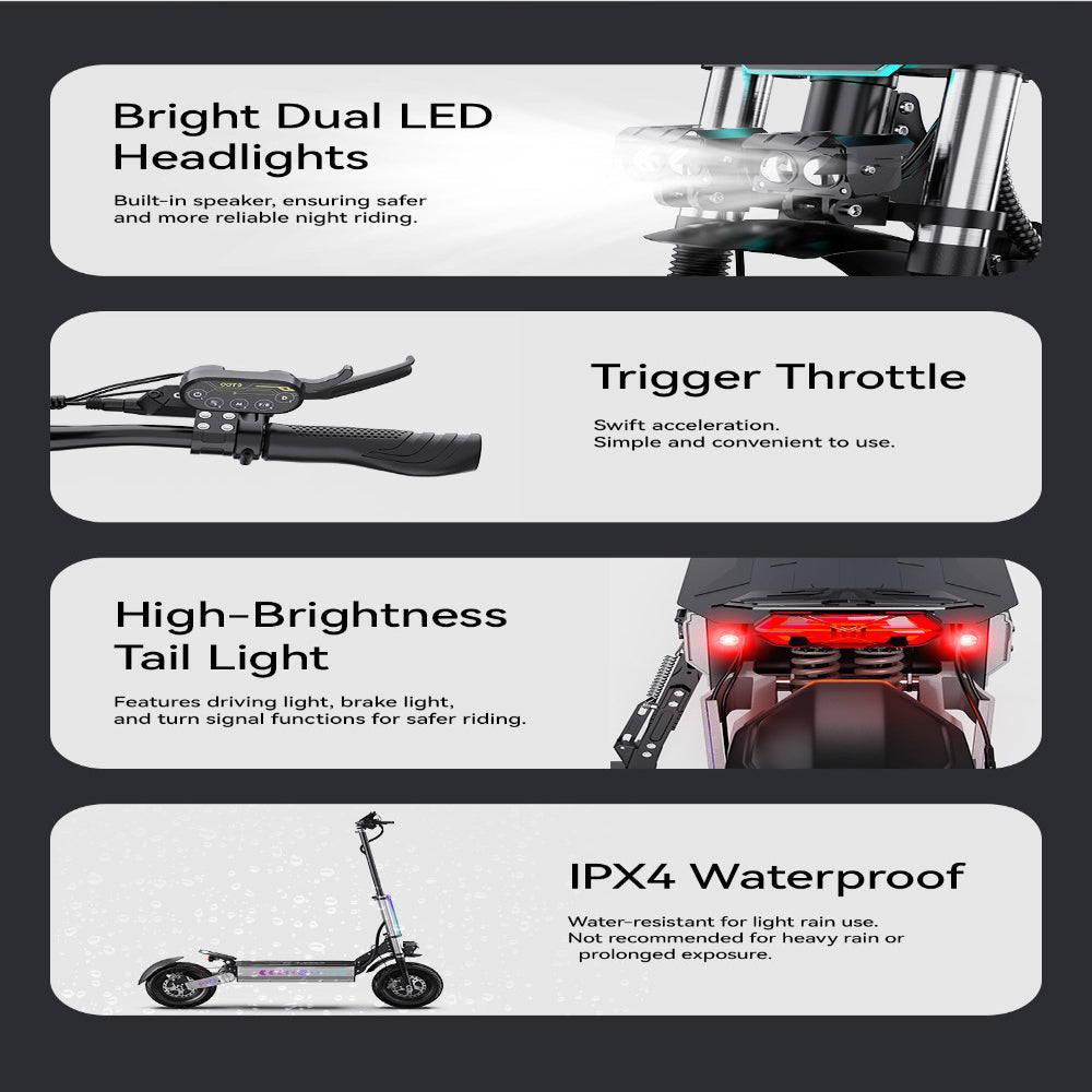Kenmerken van een scooter met tekst op heldere dubbele LED-koplampen, gashendel, achterlicht met hoge helderheid en IPX4 waterdichtheid.