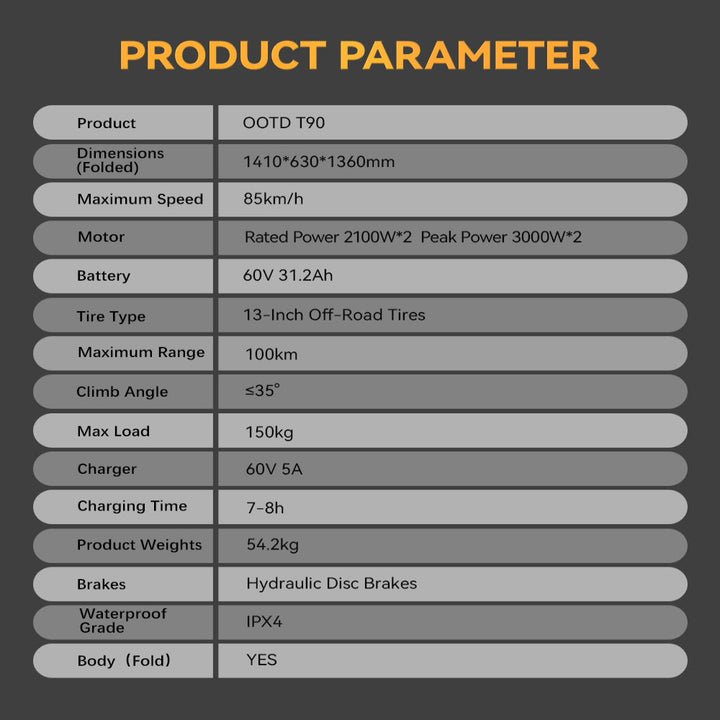 Product parameter table for OOTD T90 with specifications on a dark background