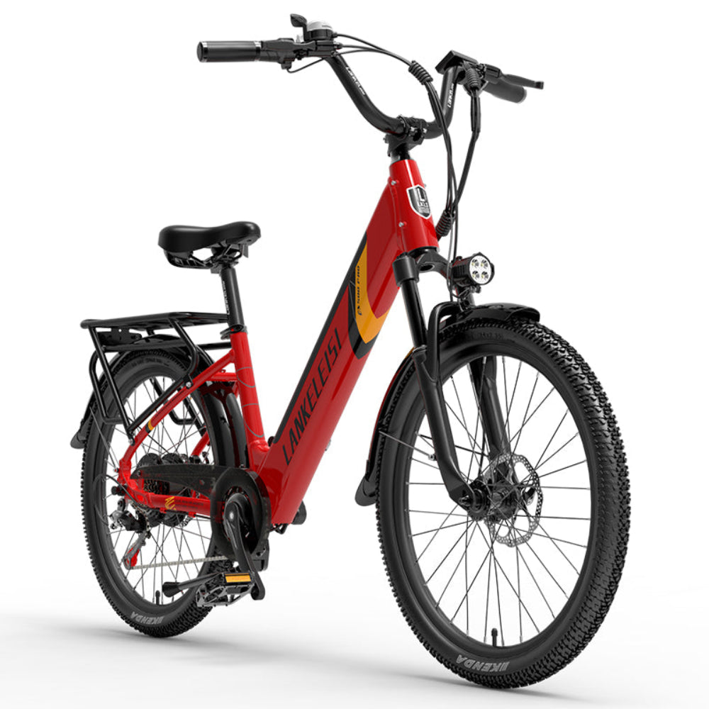 Red electric bike with black frame and tires on a white background
