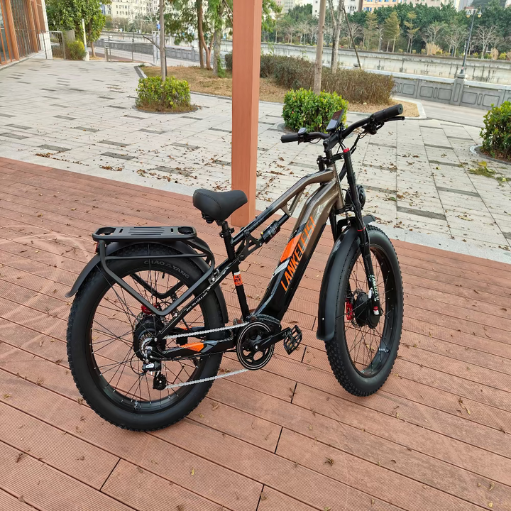Electric bike on a wooden deck with a blurred background